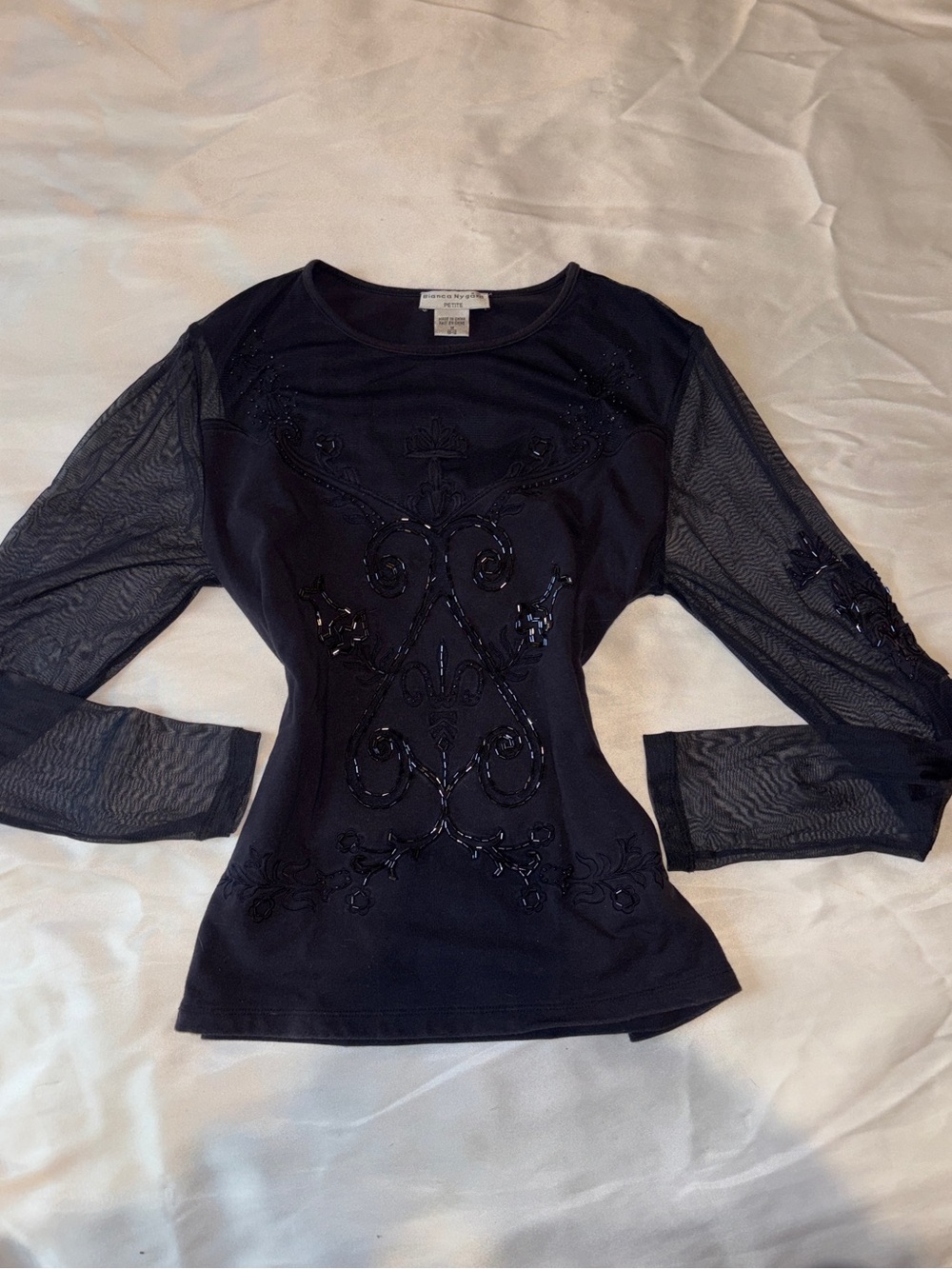 Bianca Nygard Petite Y2K Beaded Embroidered Mesh Sleeve Top M 10–12
